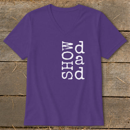 Purple v-neck t-shirt with vertical white text that reads "SHOW dad".