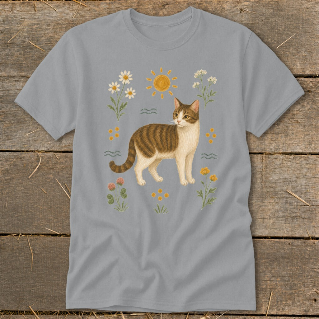 Grey t-shirt with a tabby cat illustration surrounded by flowers and a sun.