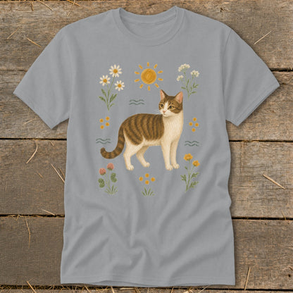 Grey t-shirt with a tabby cat illustration surrounded by flowers and a sun.