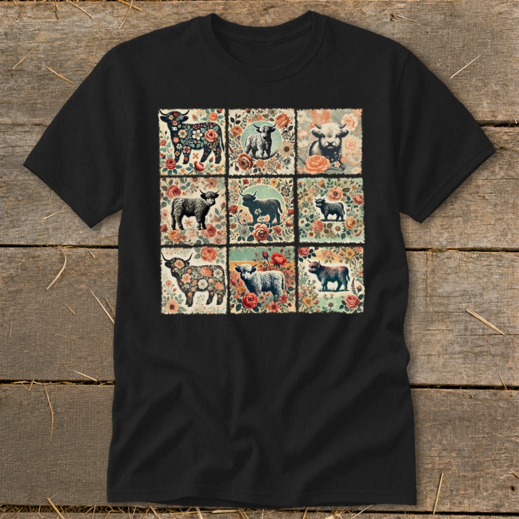 Black t-shirt featuring a nine-panel design of Highland cows and floral patterns.