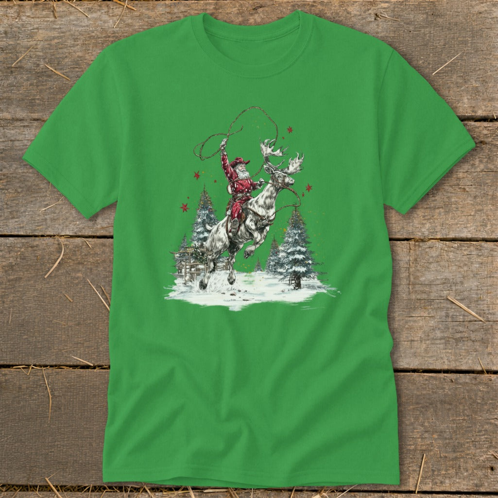 Santa riding a reindeer with a lasso in a snowy winter scene with pine trees.