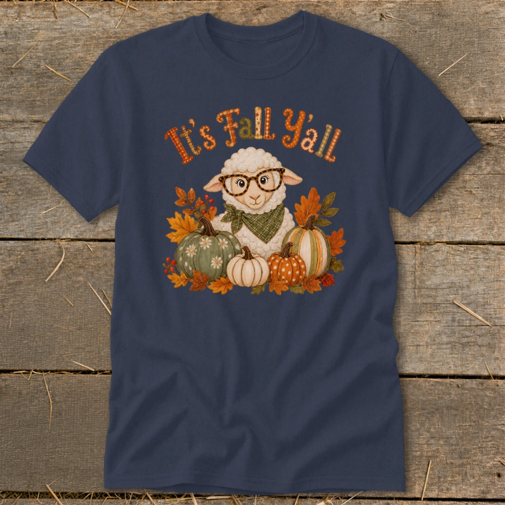 Sheep wearing glasses surrounded by pumpkins and autumn leaves, with text "It's Fall Y'all".