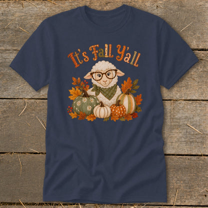 Sheep wearing glasses surrounded by pumpkins and autumn leaves, with text "It's Fall Y'all".