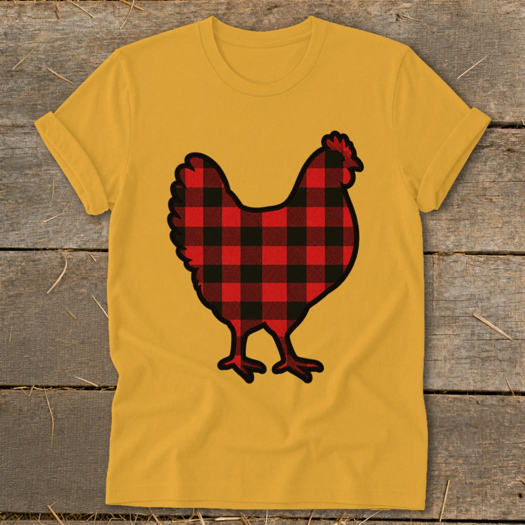 Yellow t-shirt with a black and red buffalo plaid chicken graphic.