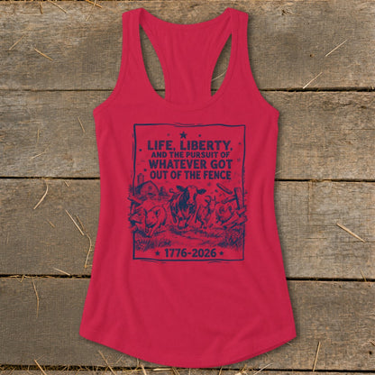 Red tank top with "Life, Liberty, and the pursuit of whatever got out of the fence 1776-2026" text and farm animals.