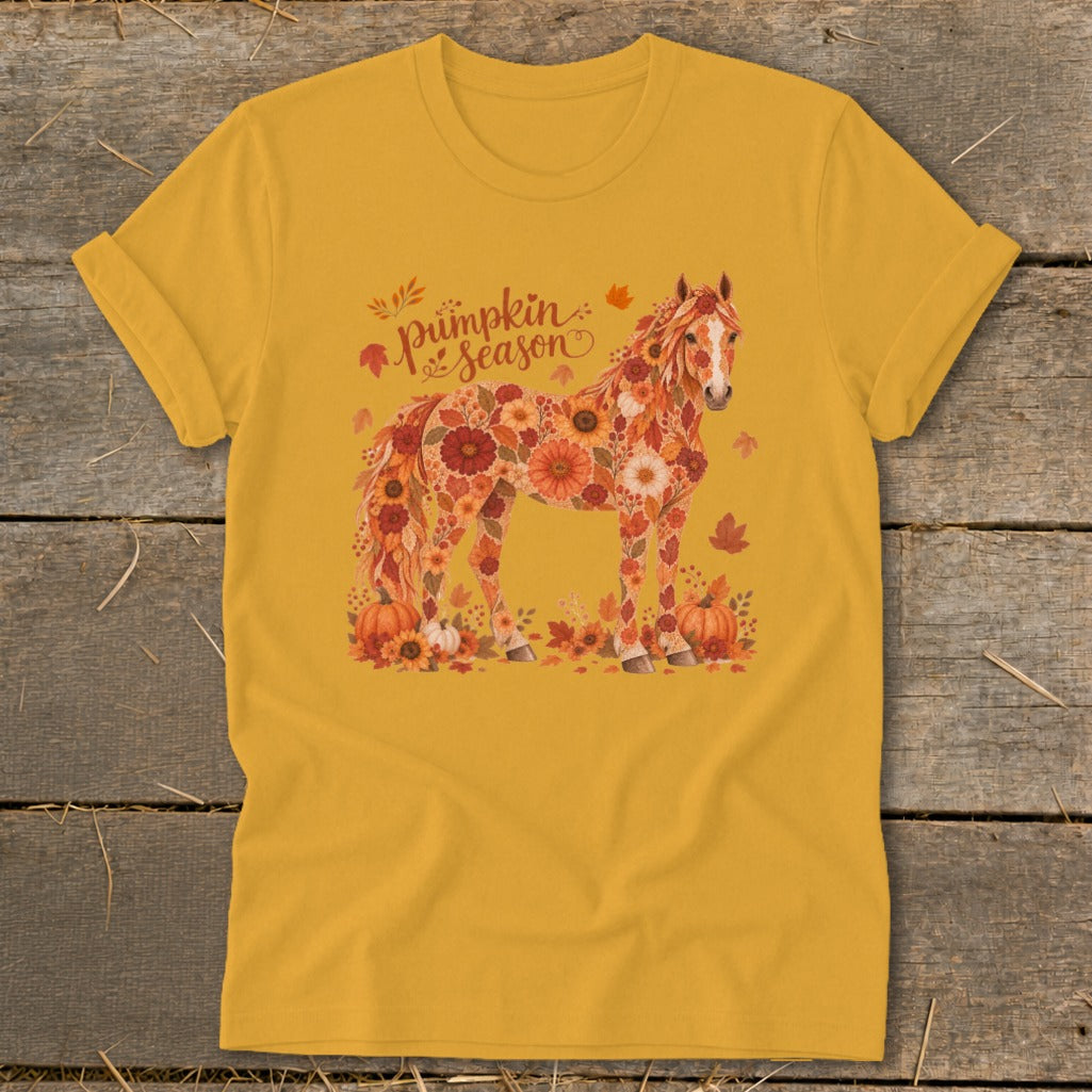 Yellow t-shirt featuring a horse made of autumnal flowers and pumpkins, with "Pumpkin season" text.