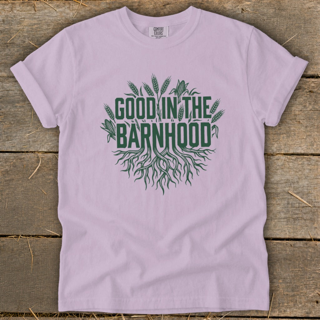 Purple t-shirt with "GOOD IN THE BARNHOOD" graphic featuring wheat and corn.