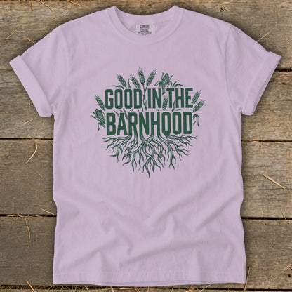 Purple t-shirt with "GOOD IN THE BARNHOOD" graphic featuring wheat and corn.