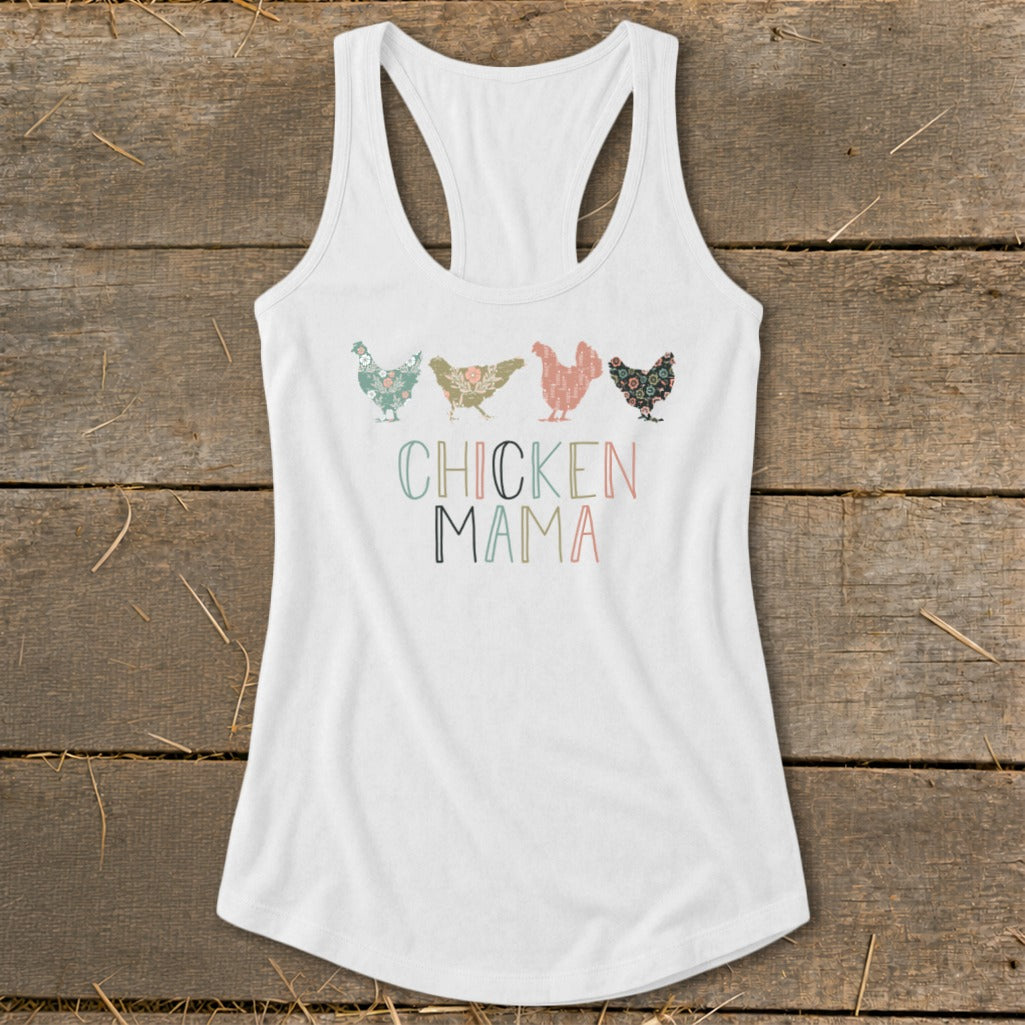 White tank top with four floral chickens and "CHICKEN MAMA" text.