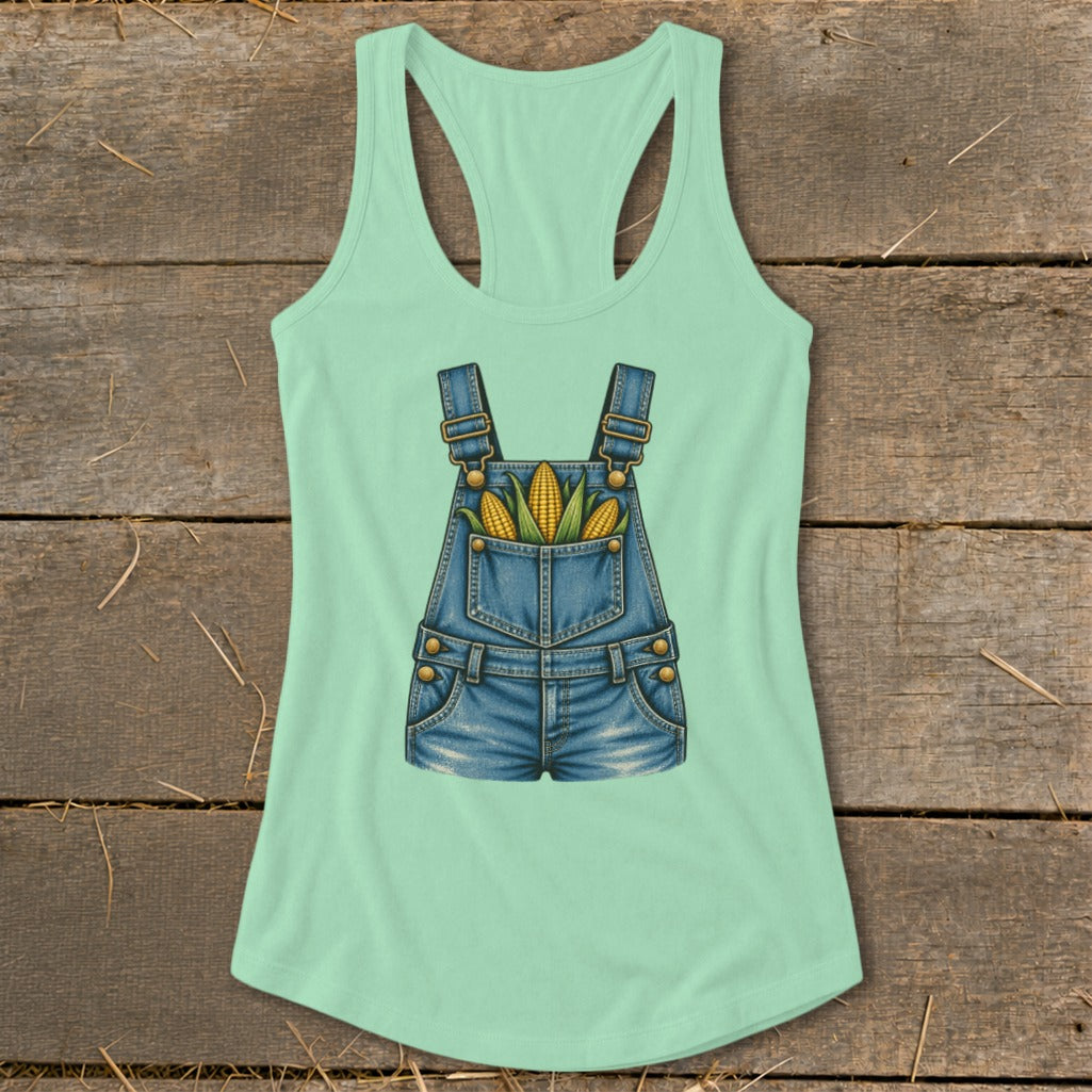 Mint green tank top with denim overalls graphic and corn in pockets.