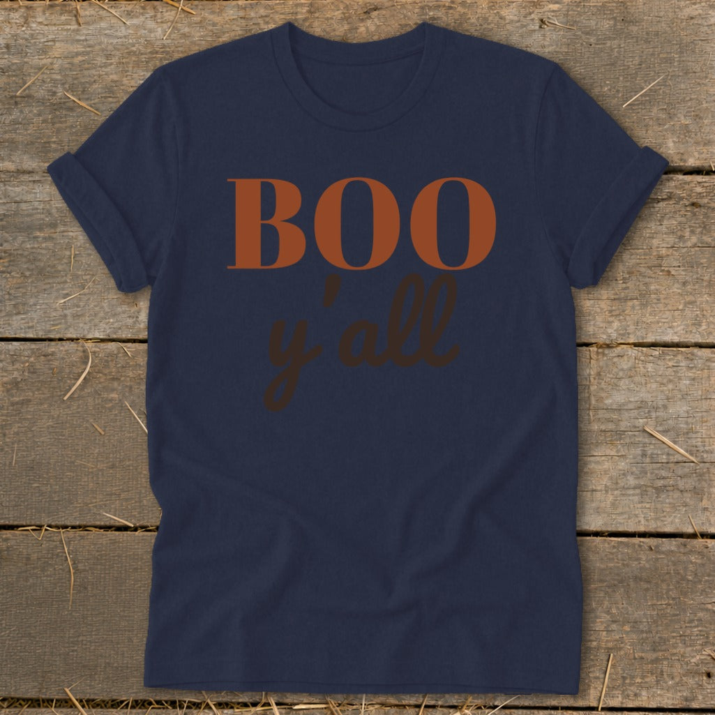 Navy t-shirt with "BOO y'all" text in burnt orange and brown.
