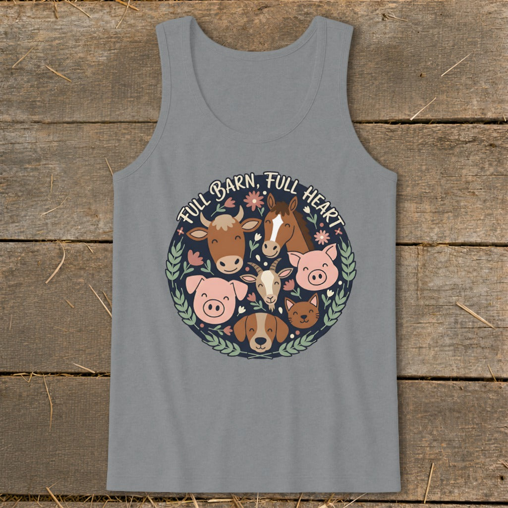 Farm animals and text "Full Barn, Full Heart" in a circular design on a gray tank top.