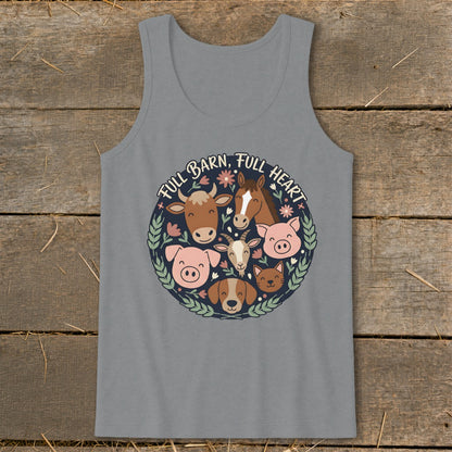 Farm animals and text "Full Barn, Full Heart" in a circular design on a gray tank top.