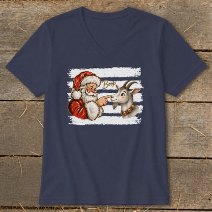 Santa Claus booping a goat with the word "Boop" above.