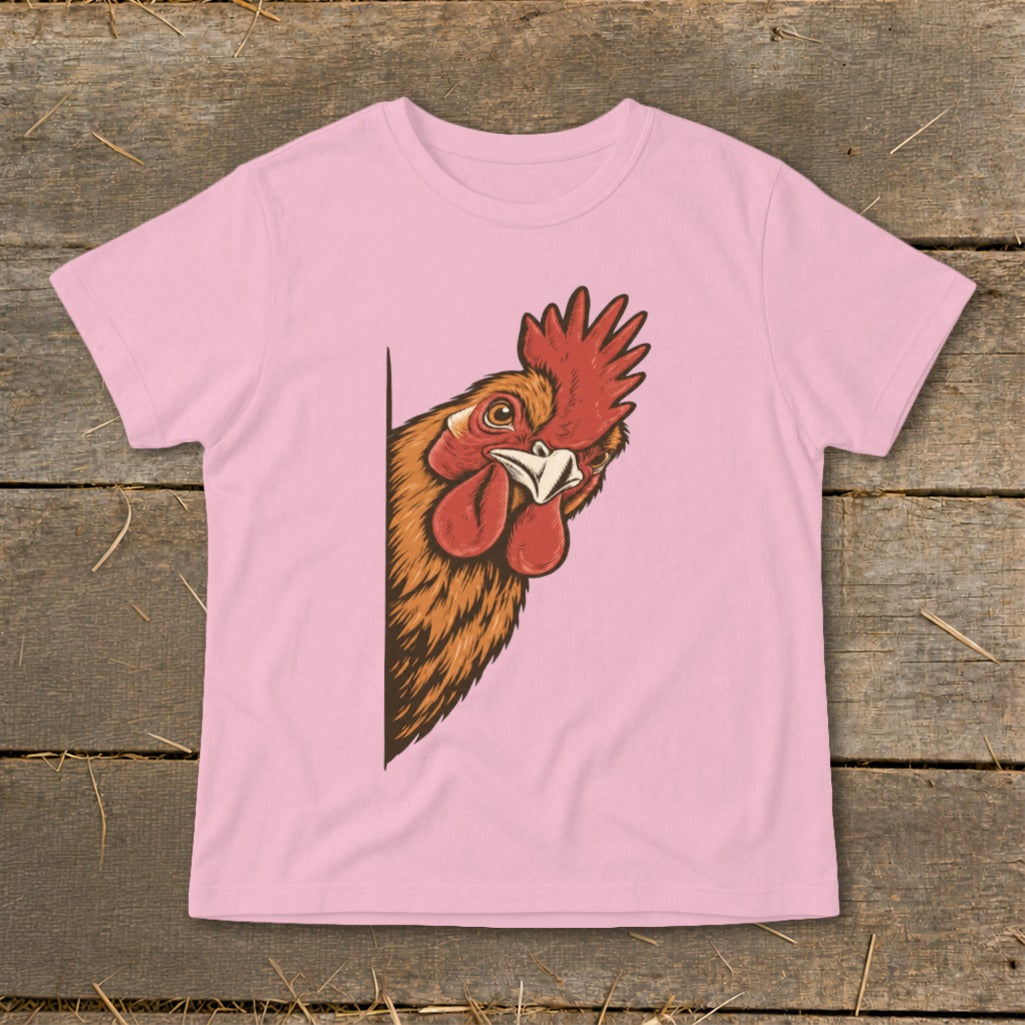 Pink t-shirt with a drawing of a rooster peeking from the side.