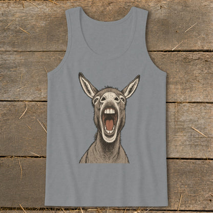 Grey tank top with a drawing of a donkey with its mouth wide open.