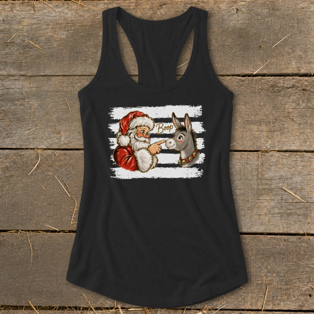 Santa booping a donkey's nose with "Boop" text on a black tank top.