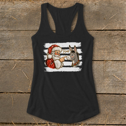 Santa booping a donkey's nose with "Boop" text on a black tank top.