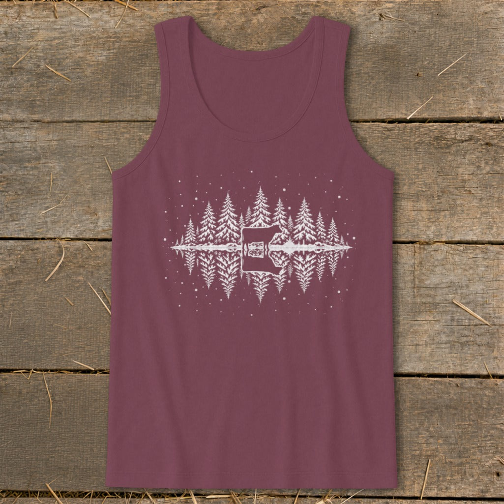 Maroon tank top with white pine trees, a cow, and reflection graphic.