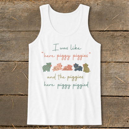 White tank top with graphic of five cartoon pigs and text about piggies.