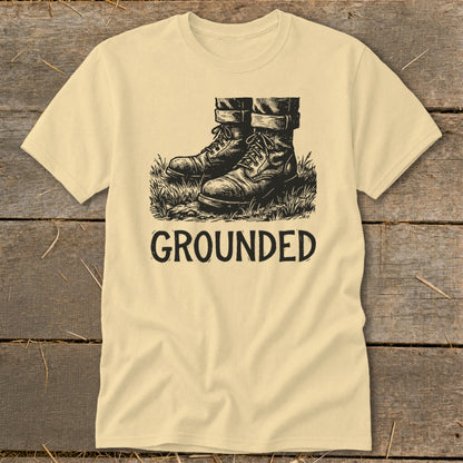 T-shirt with graphic of boots in grass and the word "GROUNDED"