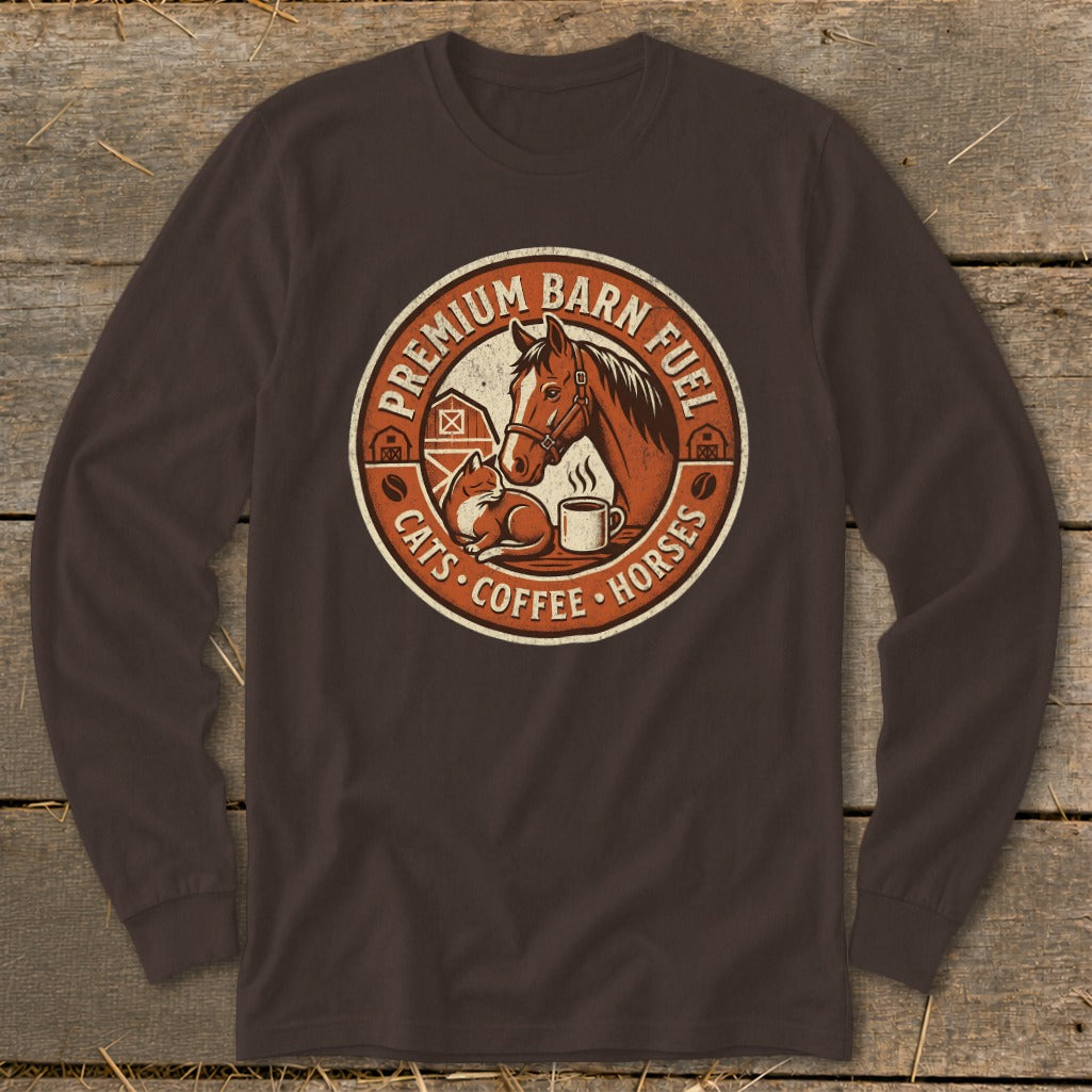 Long sleeve shirt with circular logo featuring horse, cat, and coffee cup.