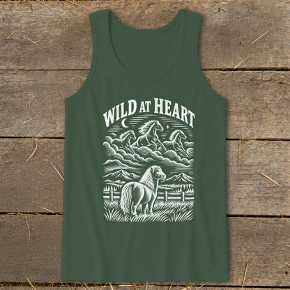 Dark green tank top with "Wild at Heart" text and a white horse herd graphic.