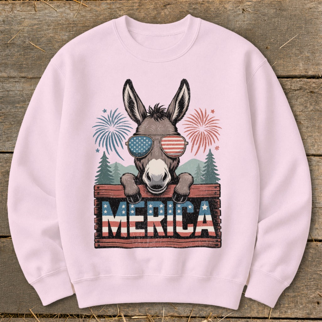 Donkey wearing American flag sunglasses holds "Merica" sign with fireworks.