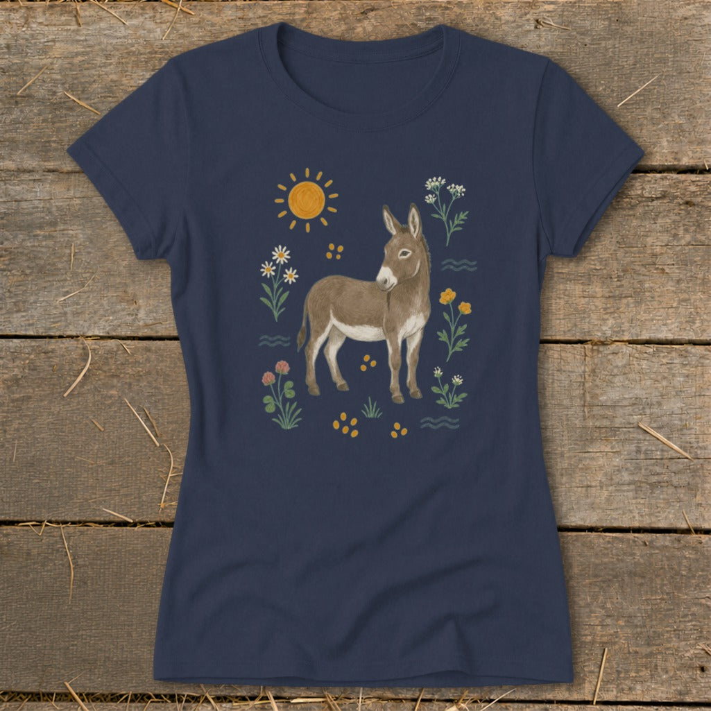 Navy t-shirt with a drawing of a donkey surrounded by flowers and a sun.