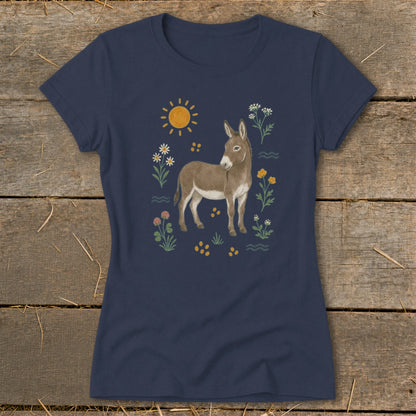 Navy t-shirt with a drawing of a donkey surrounded by flowers and a sun.