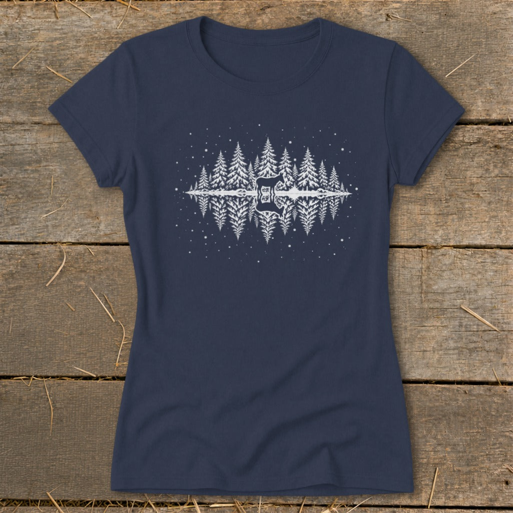 Navy t-shirt with white forest scene and guitar reflection graphic.