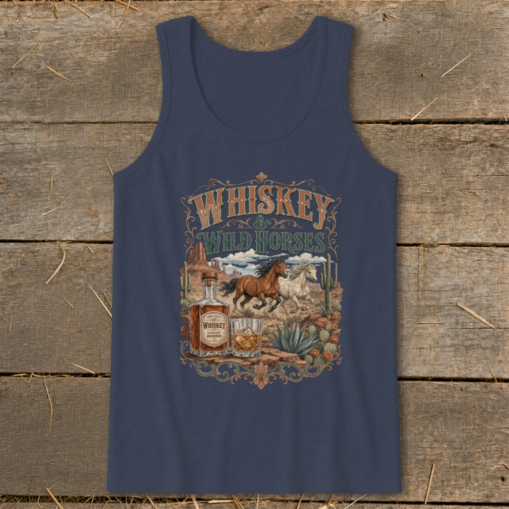 Tank top with "Whiskey & Wild Horses" design featuring horses, whiskey bottle, and desert landscape.