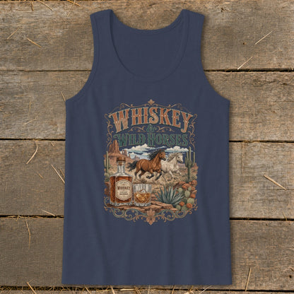 Tank top with "Whiskey & Wild Horses" design featuring horses, whiskey bottle, and desert landscape.