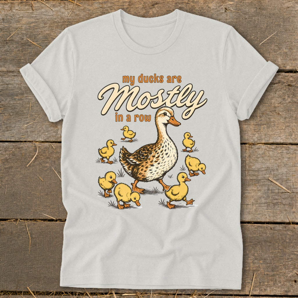 Graphic t-shirt with mother duck and ducklings, text "my ducks are Mostly in a row".