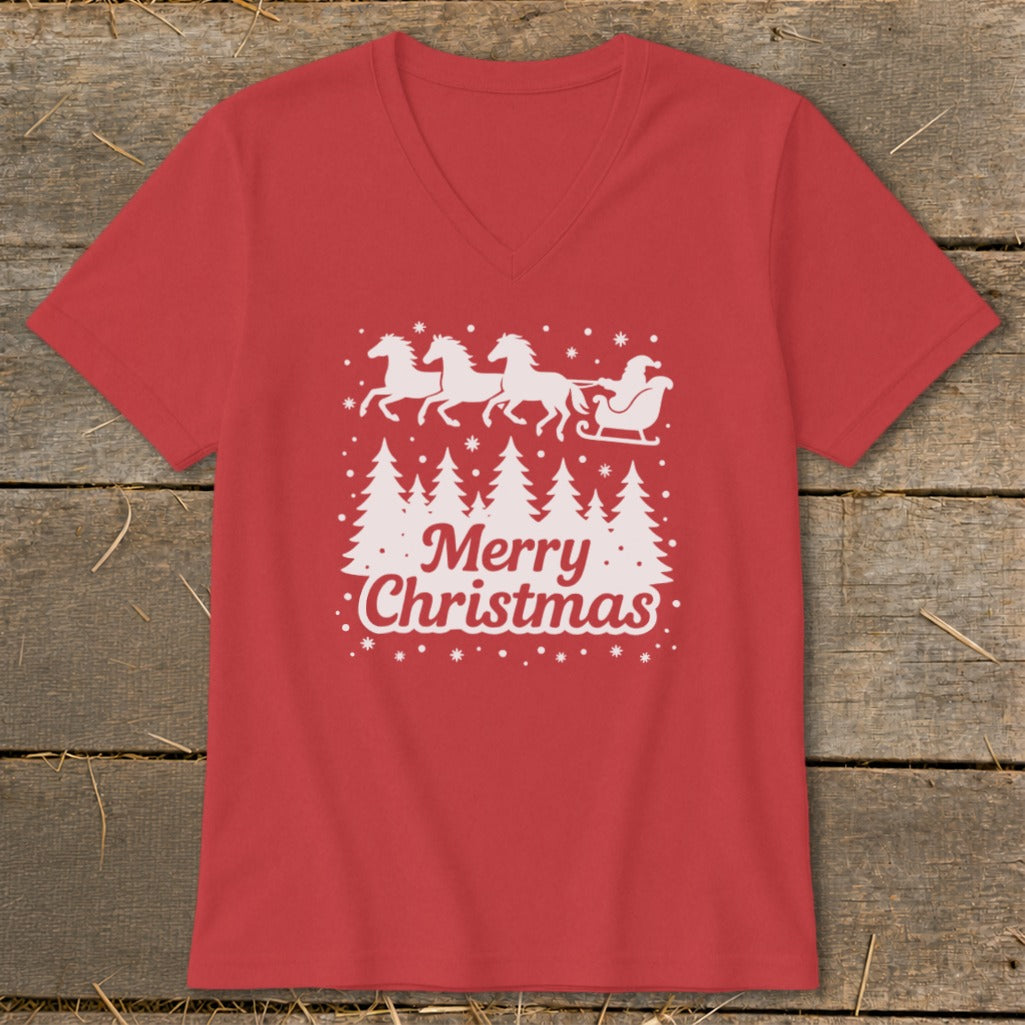 Red t-shirt with white graphic of horses pulling Santa's sleigh over trees and "Merry Christmas."