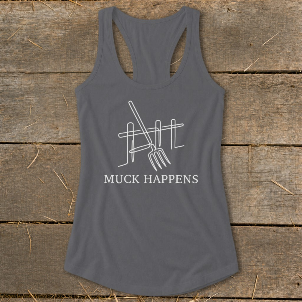 Grey tank top with a white line drawing of a pitchfork and fence, and "MUCK HAPPENS" text.