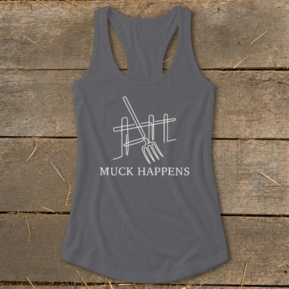 Grey tank top with a white line drawing of a pitchfork and fence, and "MUCK HAPPENS" text.