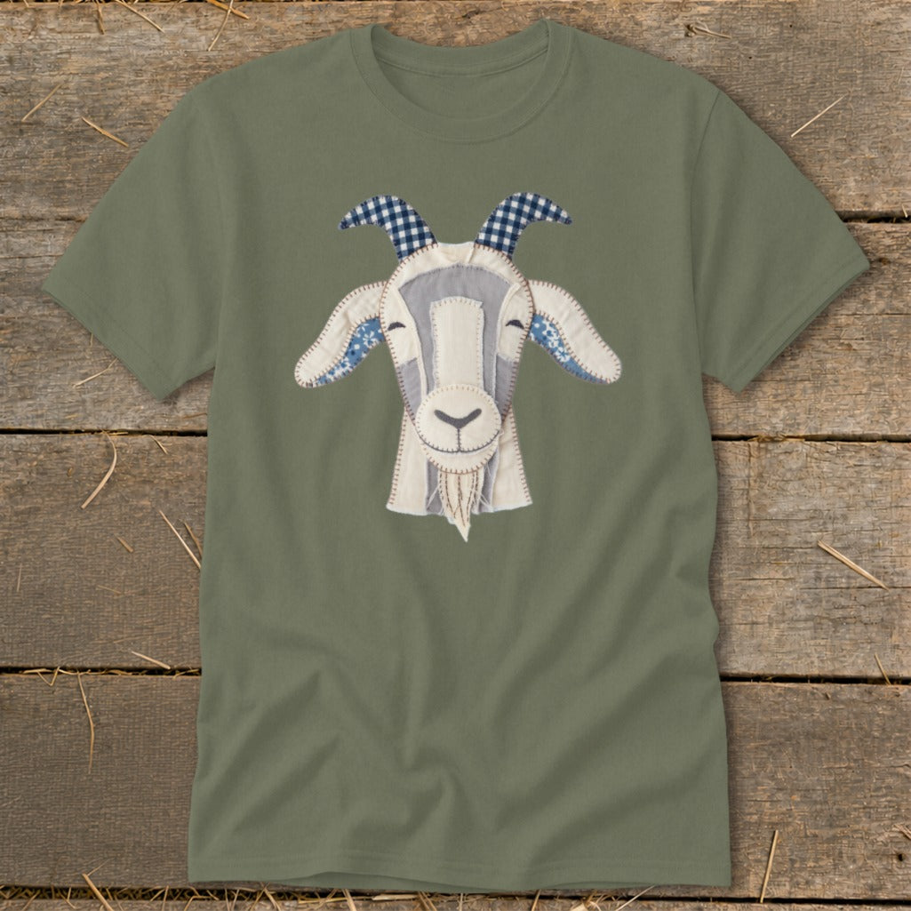 Olive green t-shirt with a stitched applique of a friendly goat's face.