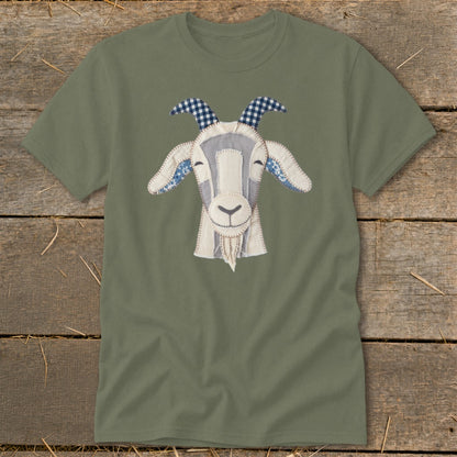 Olive green t-shirt with a stitched applique of a friendly goat's face.