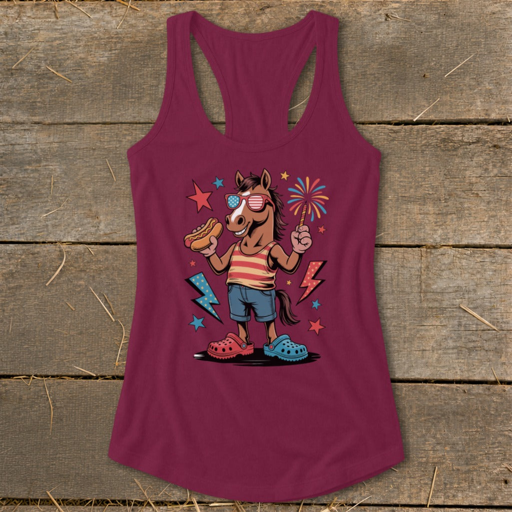 Cartoon horse in sunglasses with hot dog and sparkler, surrounded by stars and lightning bolts.