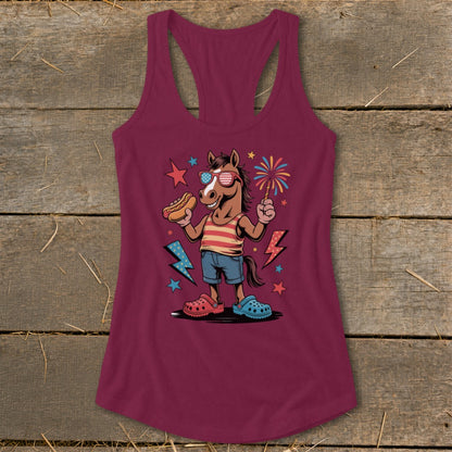 Cartoon horse in sunglasses with hot dog and sparkler, surrounded by stars and lightning bolts.