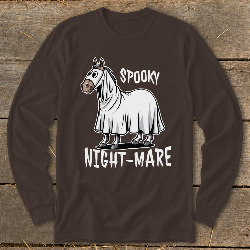 Horse dressed as ghost with text "SPOOKY NIGHT-MARE"