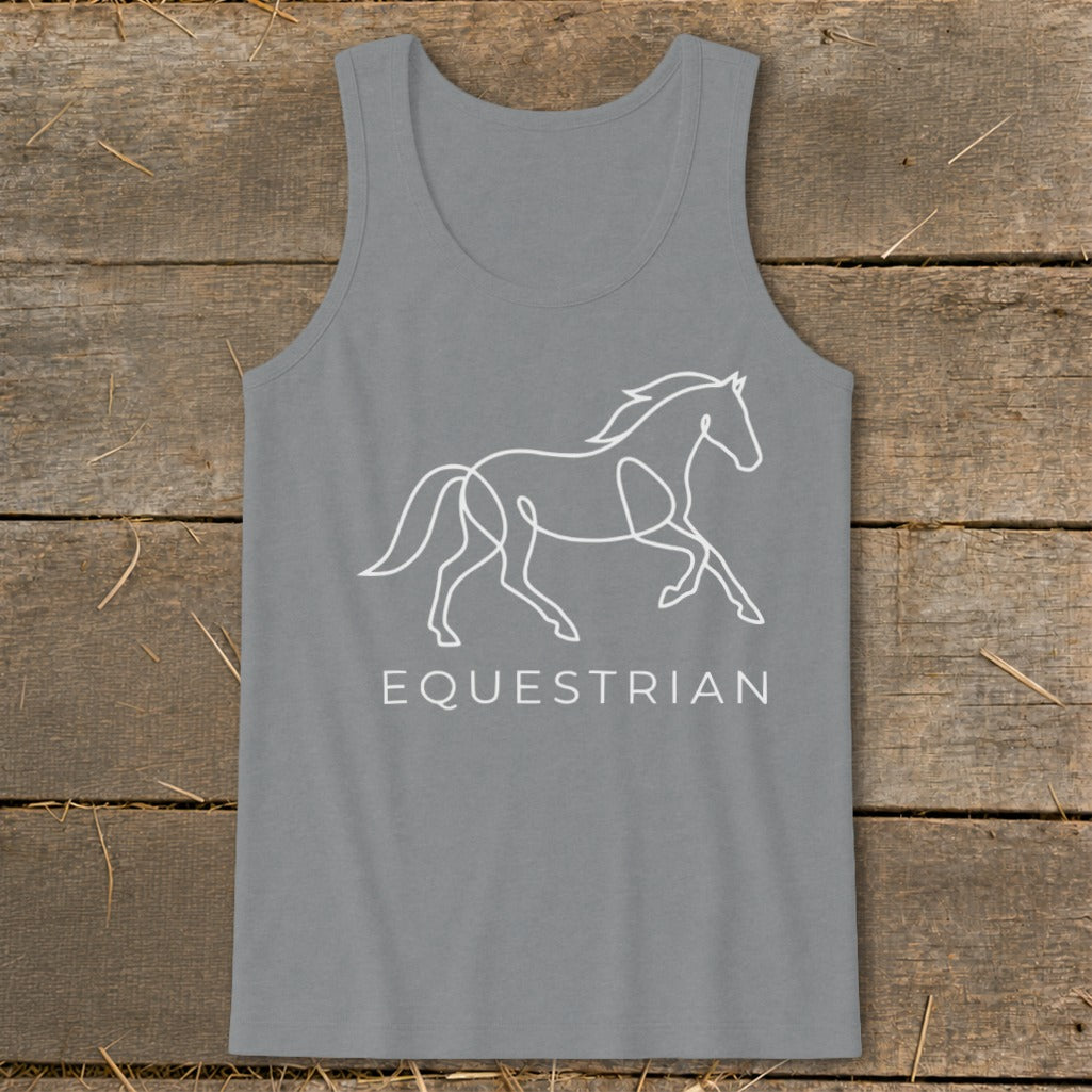 Gray tank top with white line art of a running horse and "EQUESTRIAN" text.