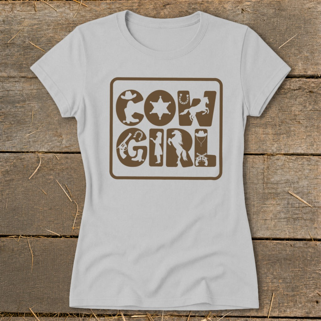 Light grey t-shirt with brown "COWGIRL" graphic featuring Western icons.
