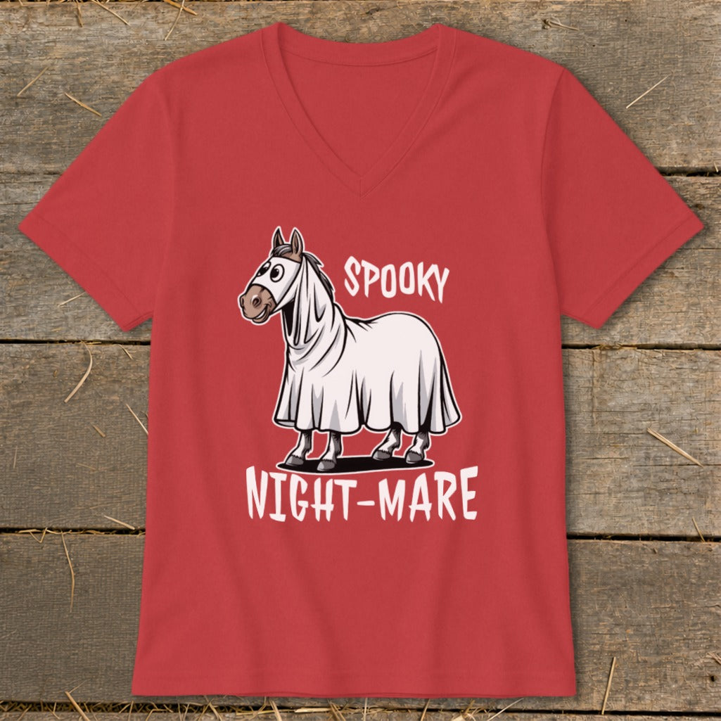 Horse in a ghost costume with "Spooky Night-Mare" text on red shirt.