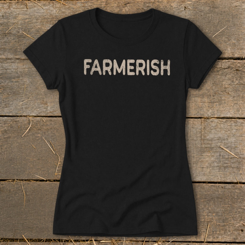 Black t-shirt with "FARMERISH" text in distressed cream lettering.