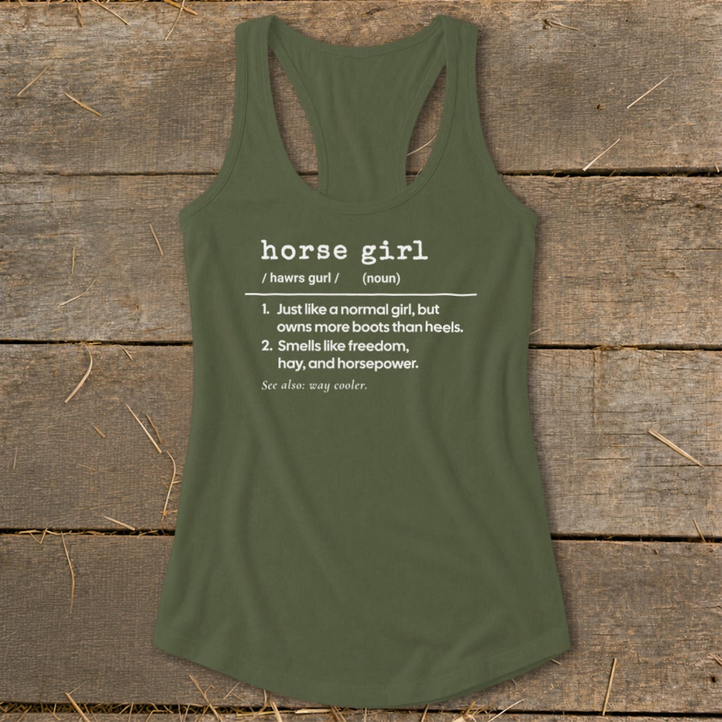 Olive green tank top with "horse girl" definition text.