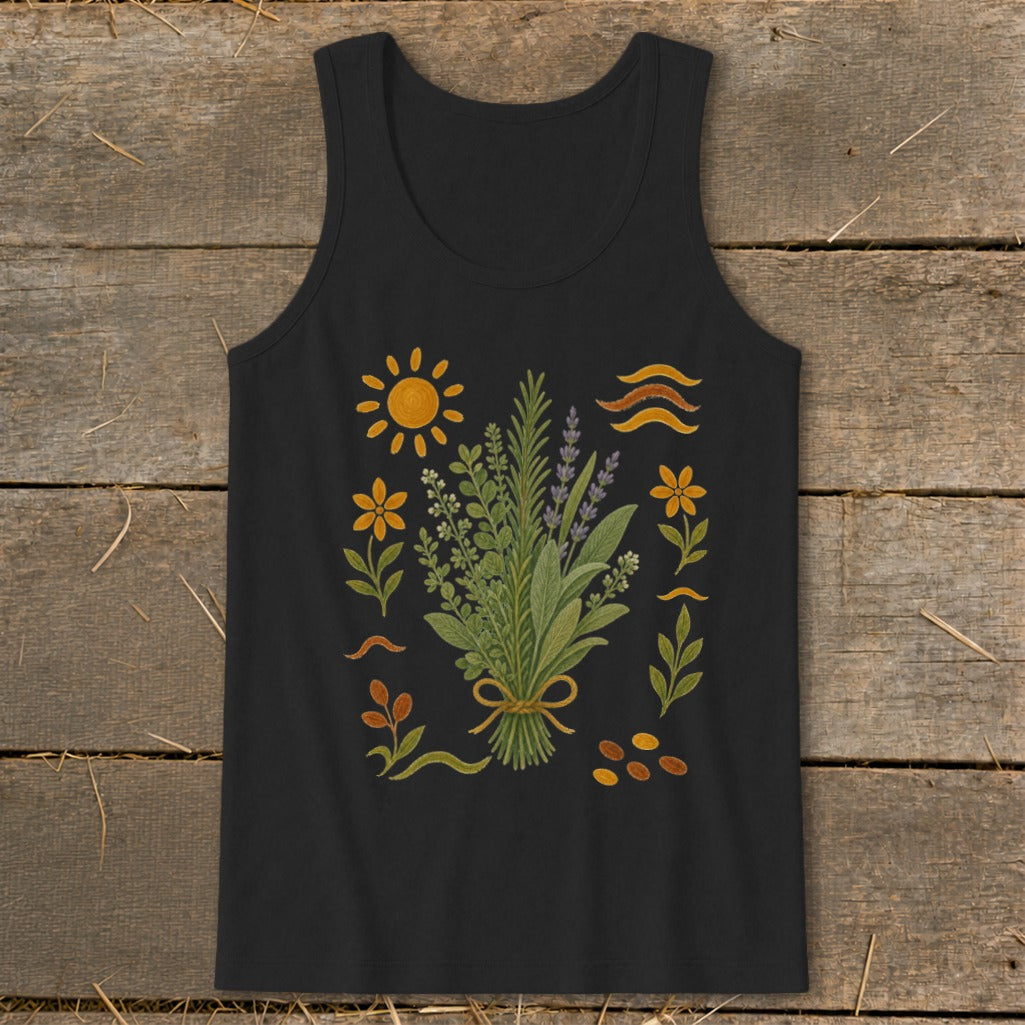 Black tank top with a bouquet of herbs and folk art sun, flowers, and wavy lines.
