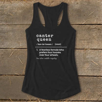 Black tank top with "canter queen" definition: "A fearless female who prefers four hooves over four wheels."