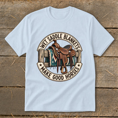 Light blue t-shirt with graphic of a saddle and blanket on a fence.